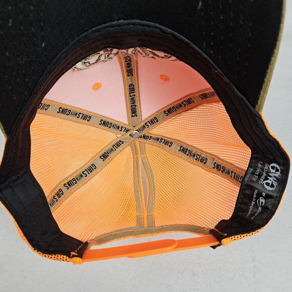 GIRLS WITH GUNS MESH TRUCKER CURVED BILL SNAPBACK HAT NEON ORANGE PONYTAIL HOLE - Picture 6 of 10